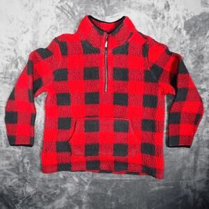 Style & Co Womens Fleece Pullover XL Red Black‎ Buffalo Plaid Sherpa Quarter Zip